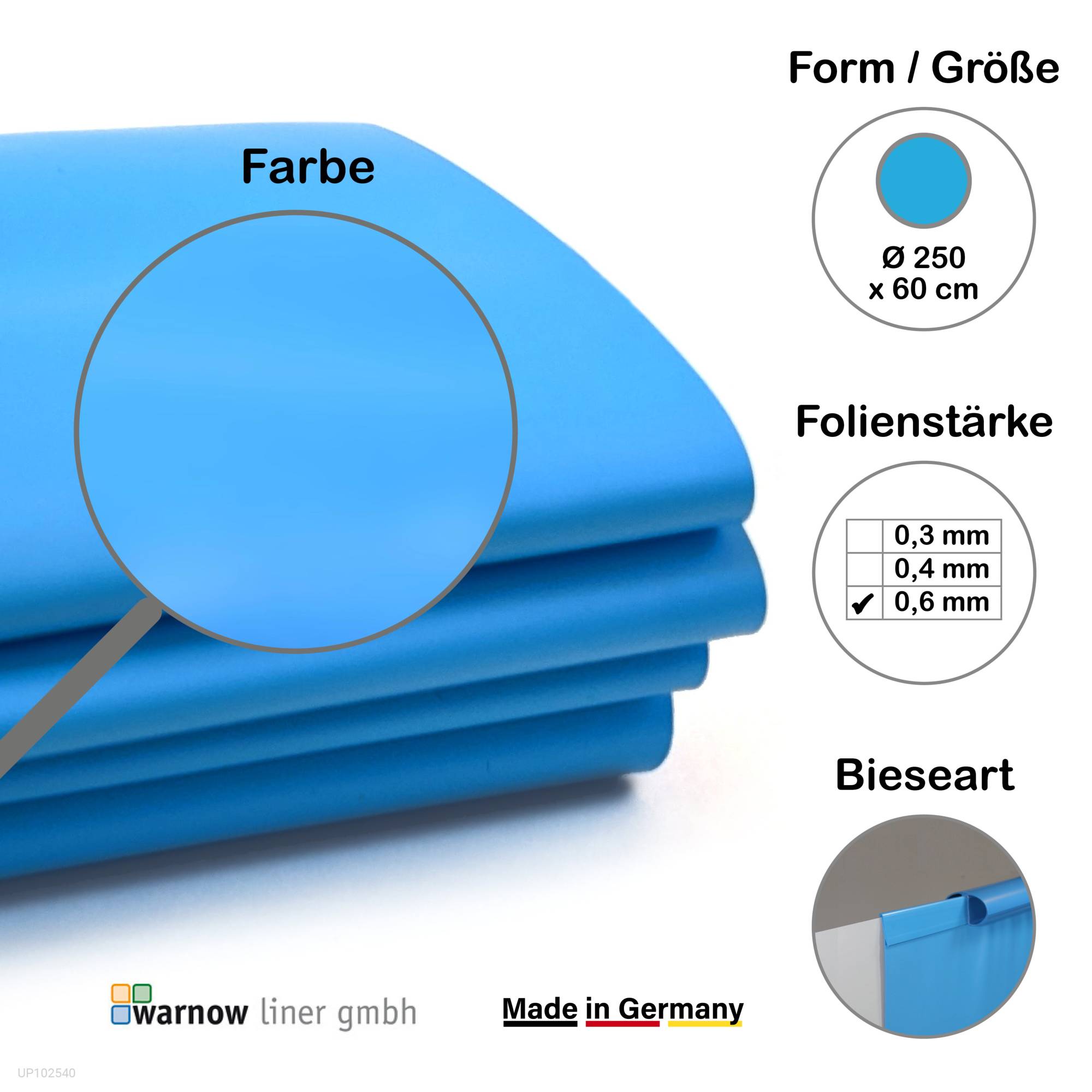 Premium Poolfolie für Rundpool, 250 cm x 60 cm, Stärke: 0,6 mm, blau, Einhängebiese